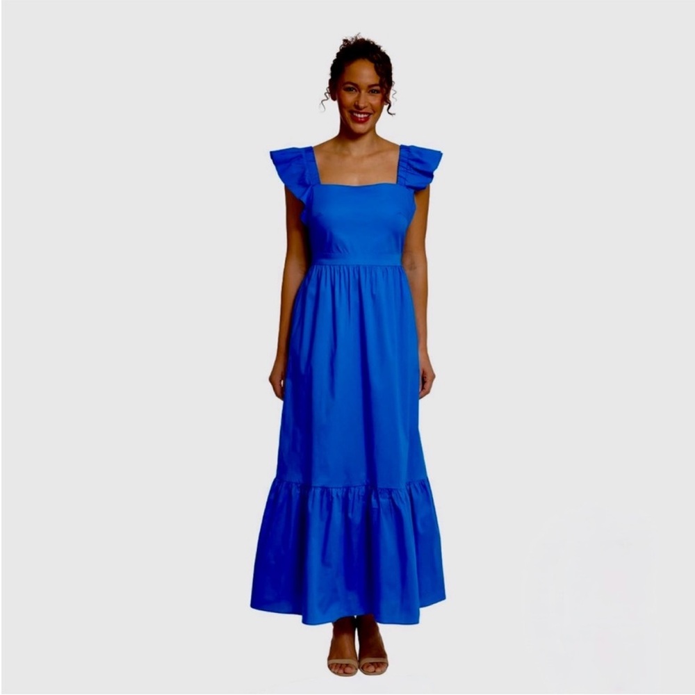 London Times Bright Blue Maxi Dress with Ruffle Sleeves